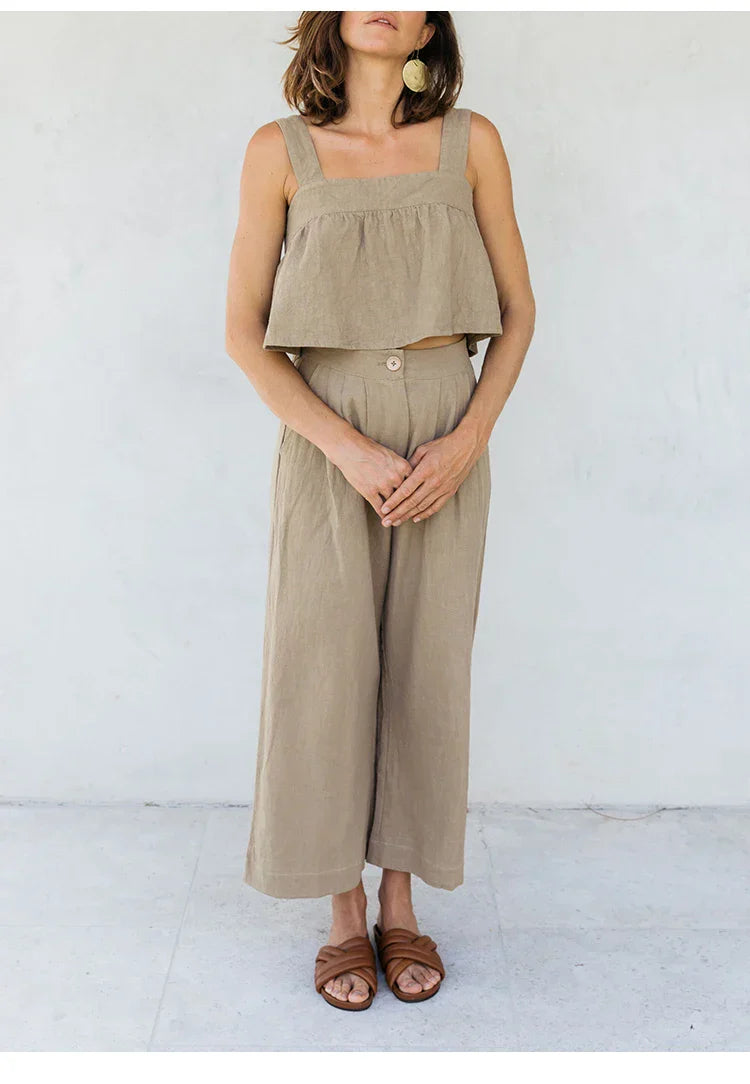 Culottes Mujer de Lino Talle Alto y Pliegues Frontales