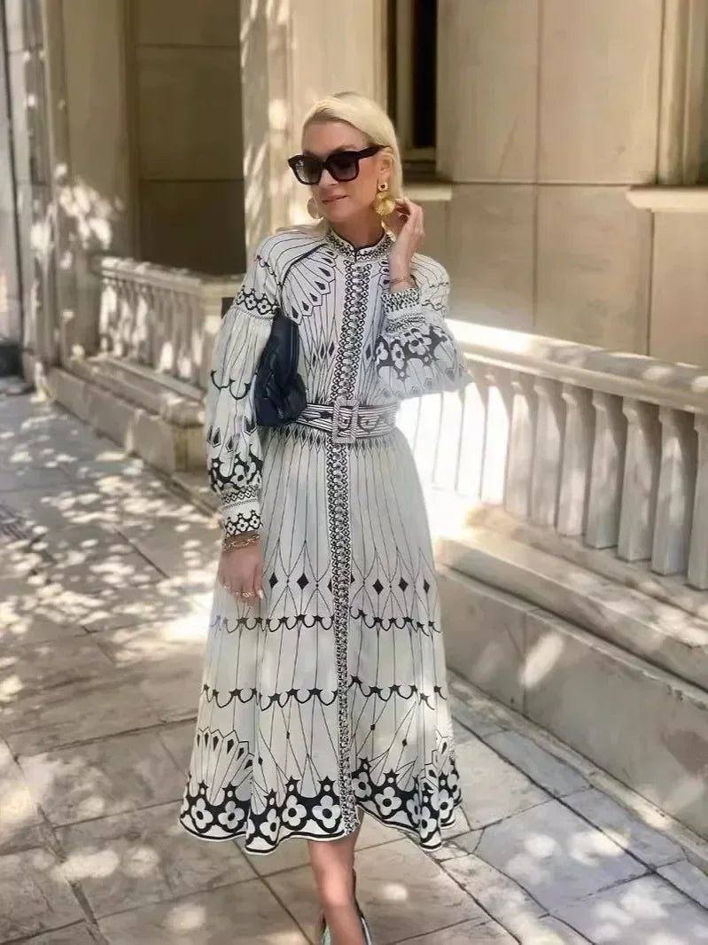 Vestido midi mujer de tela floral mangas largas corte en A