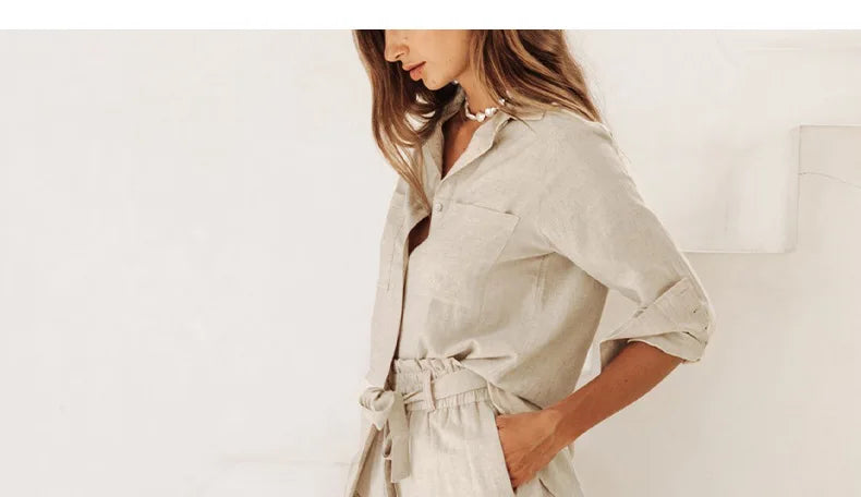 Pantalones Mujer de Lino Pierna Ancha Cintura Elástica Lazo