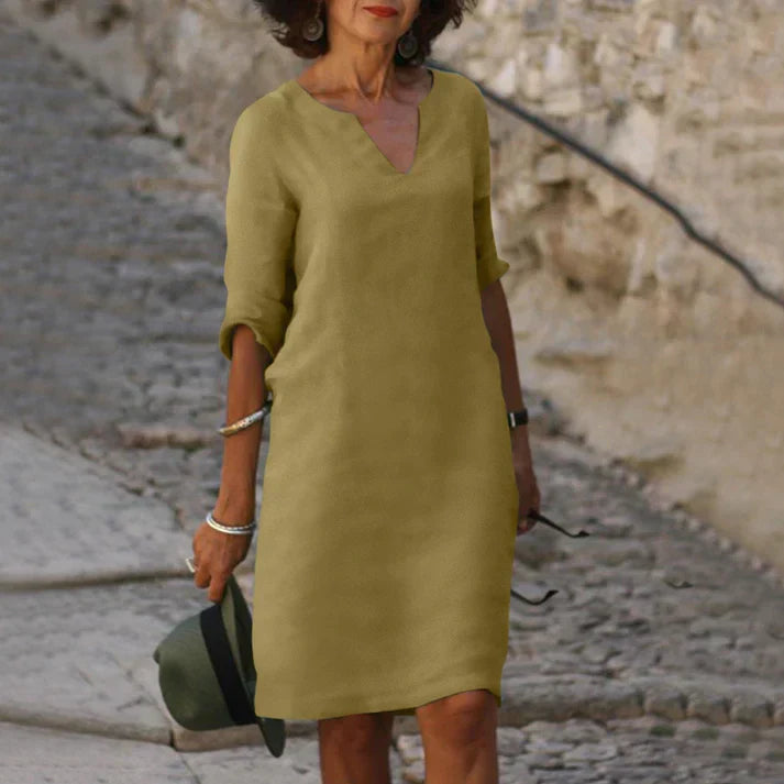 Vestido midi mujer con escote en V y manga larga elegante