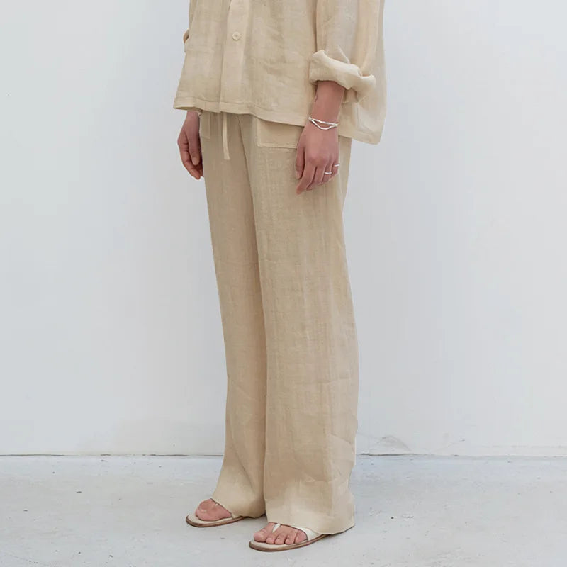 Pantalones Mujer de Lino Cordón Ajustable Bolsillos de Parche