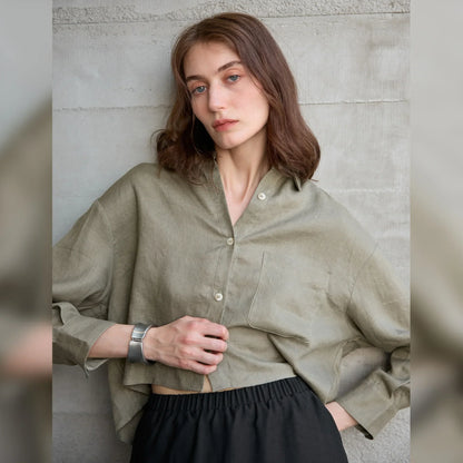 Sobrecamisa Mujer de Lino Corte Oversize Cuello en V y Botones - Mavetta