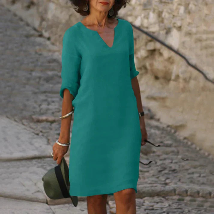 Vestido midi mujer con escote en V y manga larga elegante