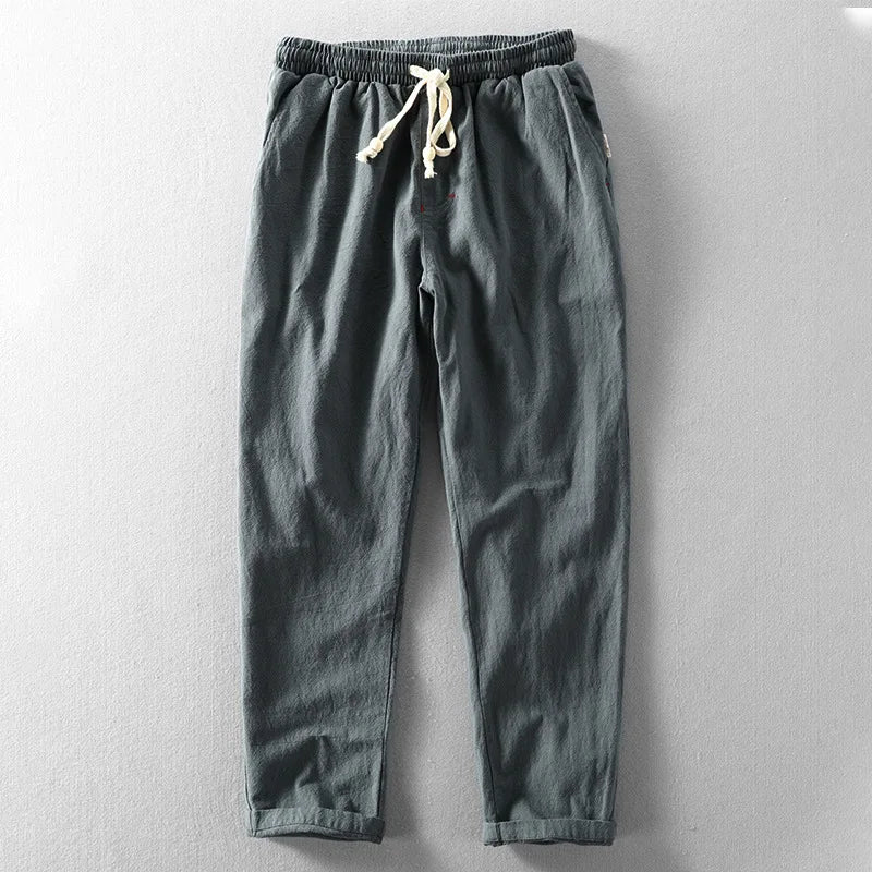 Pantalones Hombre de Lino Corte Recto Cintura Elástica Ajustable