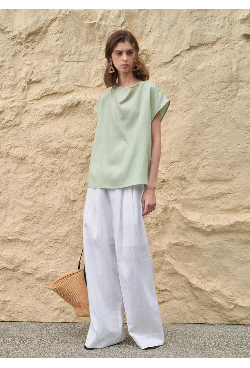 Pantalones Mujer de Lino Pierna Ancha Cintura Alta Elástica