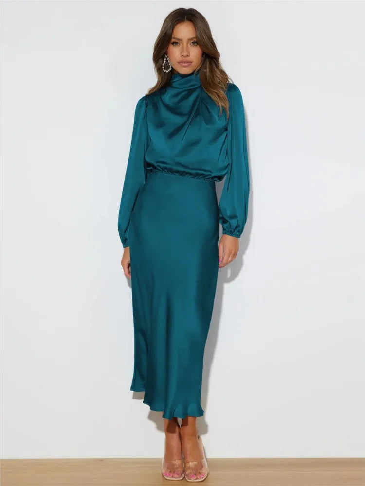 Vestido midi mujer Cuello alto Mangas largas