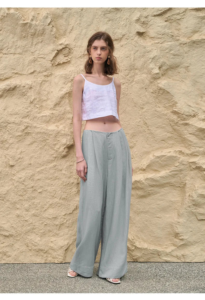 Pantalones Mujer de Lino Pierna Ancha Cintura Alta Elástica