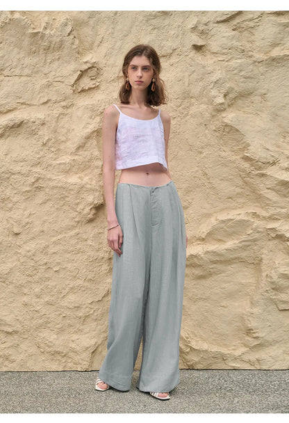 Pantalones Mujer de Lino Pierna Ancha Cintura Alta Elástica