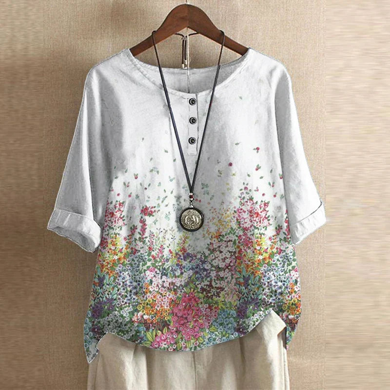 Blusa Mujer Estampada Cuello Redondo Botones Ajuste Retro