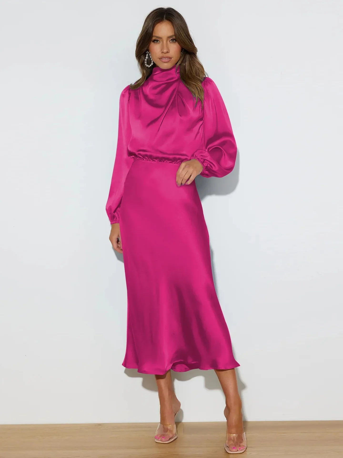 Vestido midi mujer Cuello alto Mangas largas