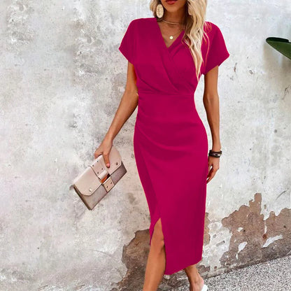 Vestido midi mujer cruzado con mangas cortas y abertura