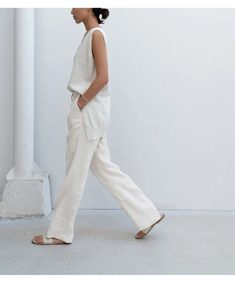 Pantalones Mujer de Lino Cordón Ajustable Bolsillos de Parche