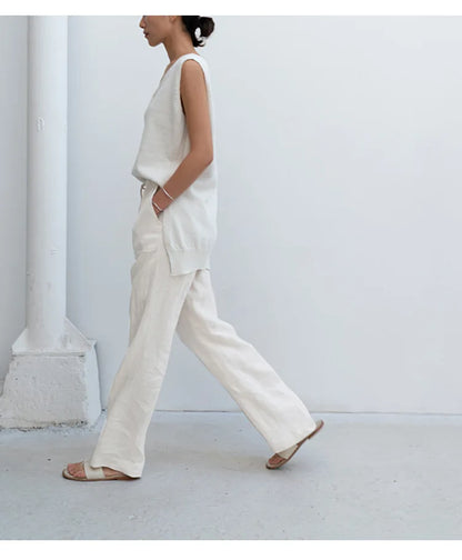 Pantalones Mujer de Lino Cordón Ajustable Bolsillos de Parche