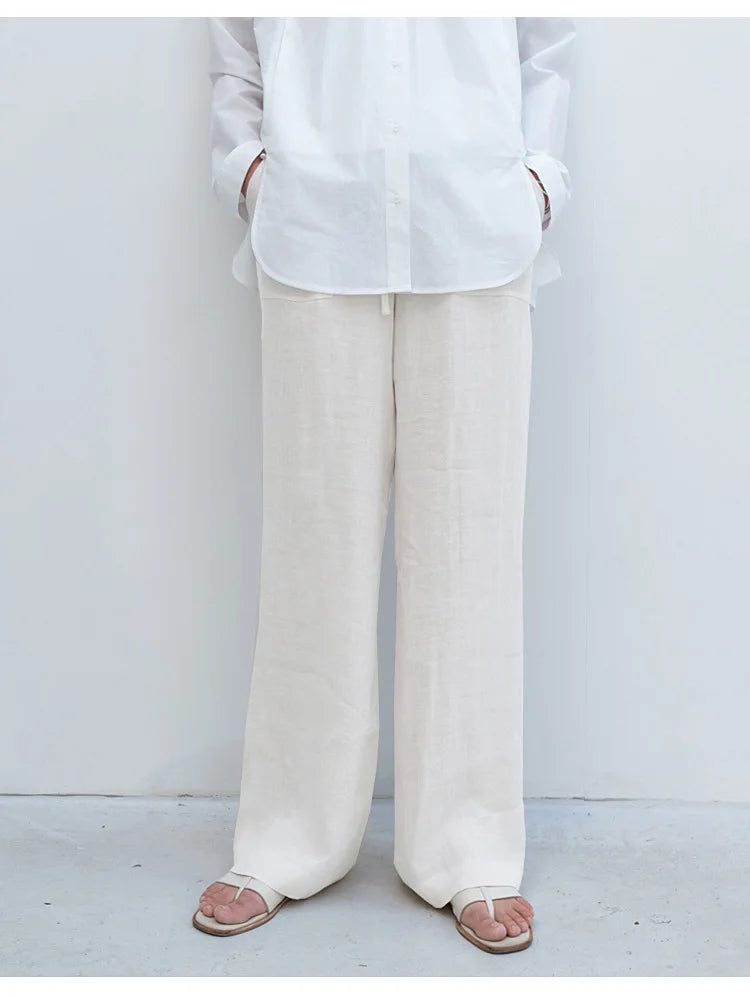 Pantalones Mujer de Lino Cordón Ajustable Bolsillos de Parche