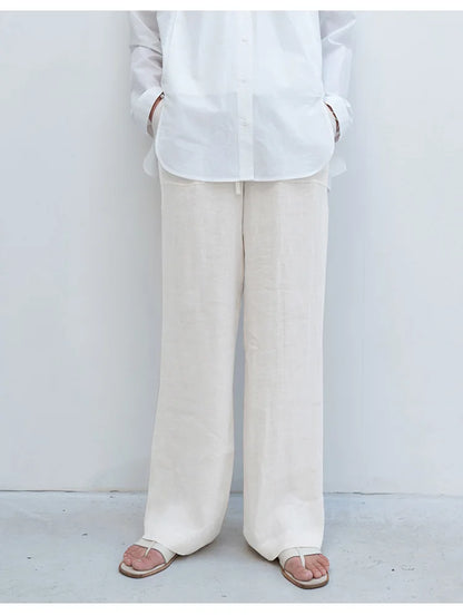 Pantalones Mujer de Lino Cordón Ajustable Bolsillos de Parche