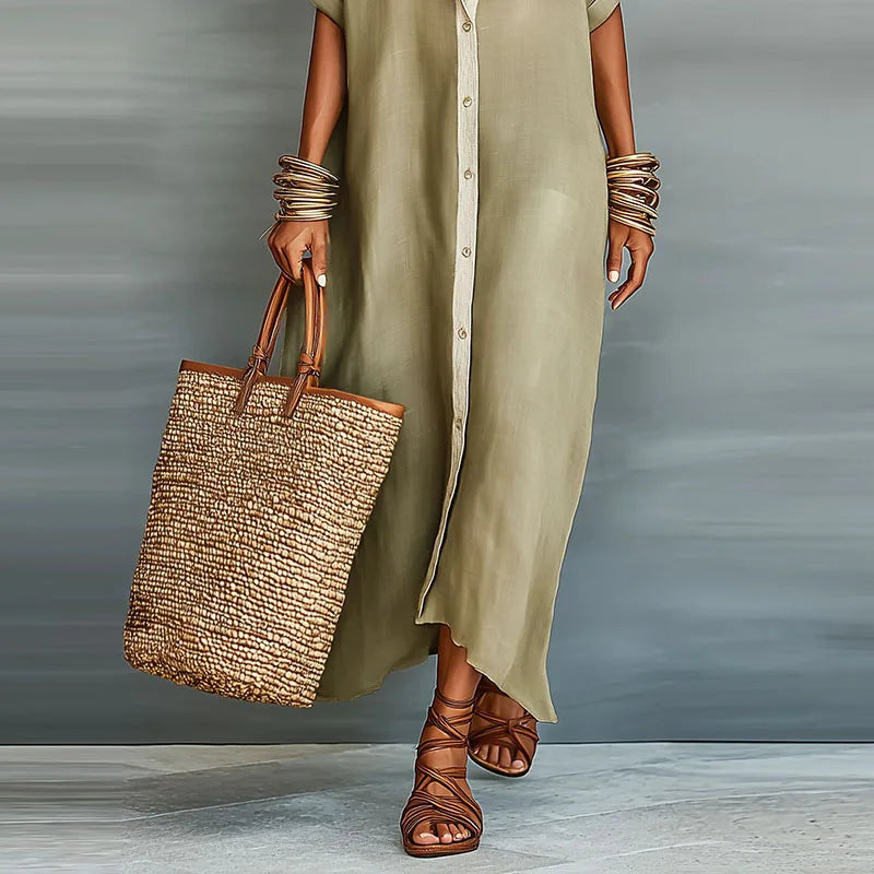 Vestido camisa mujer de lino largo estilo fresco verano