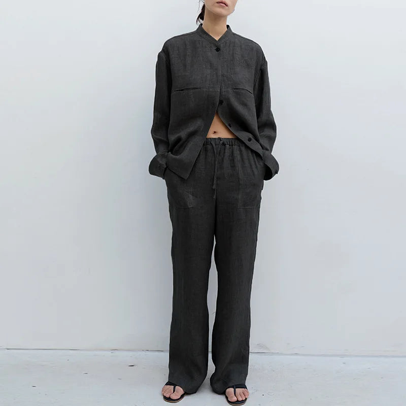 Pantalones Mujer de Lino Cordón Ajustable Bolsillos de Parche