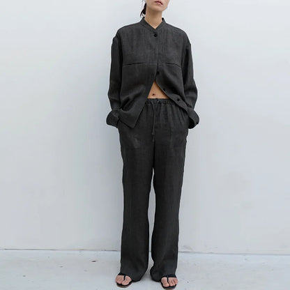 Pantalones Mujer de Lino Cordón Ajustable Bolsillos de Parche