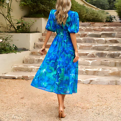 Vestido midi mujer con mangas abullonadas escote en V profundo