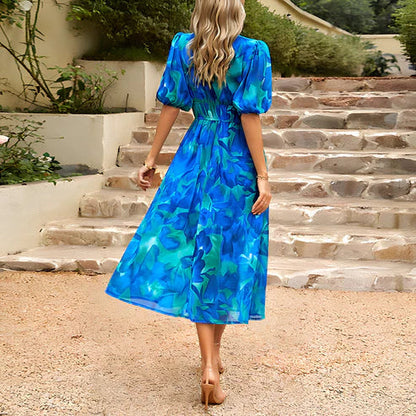 Vestido midi mujer con mangas abullonadas escote en V profundo
