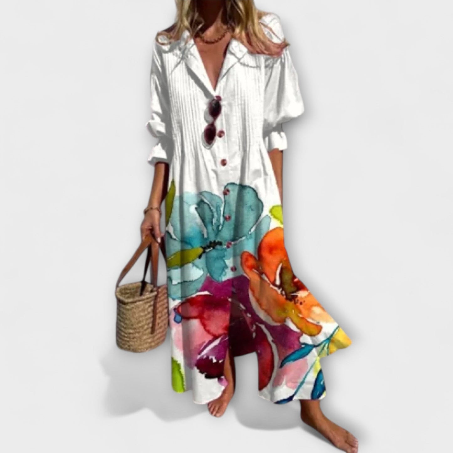 Vestido Camisero Mujer Algodón Manga Abullonada Largo