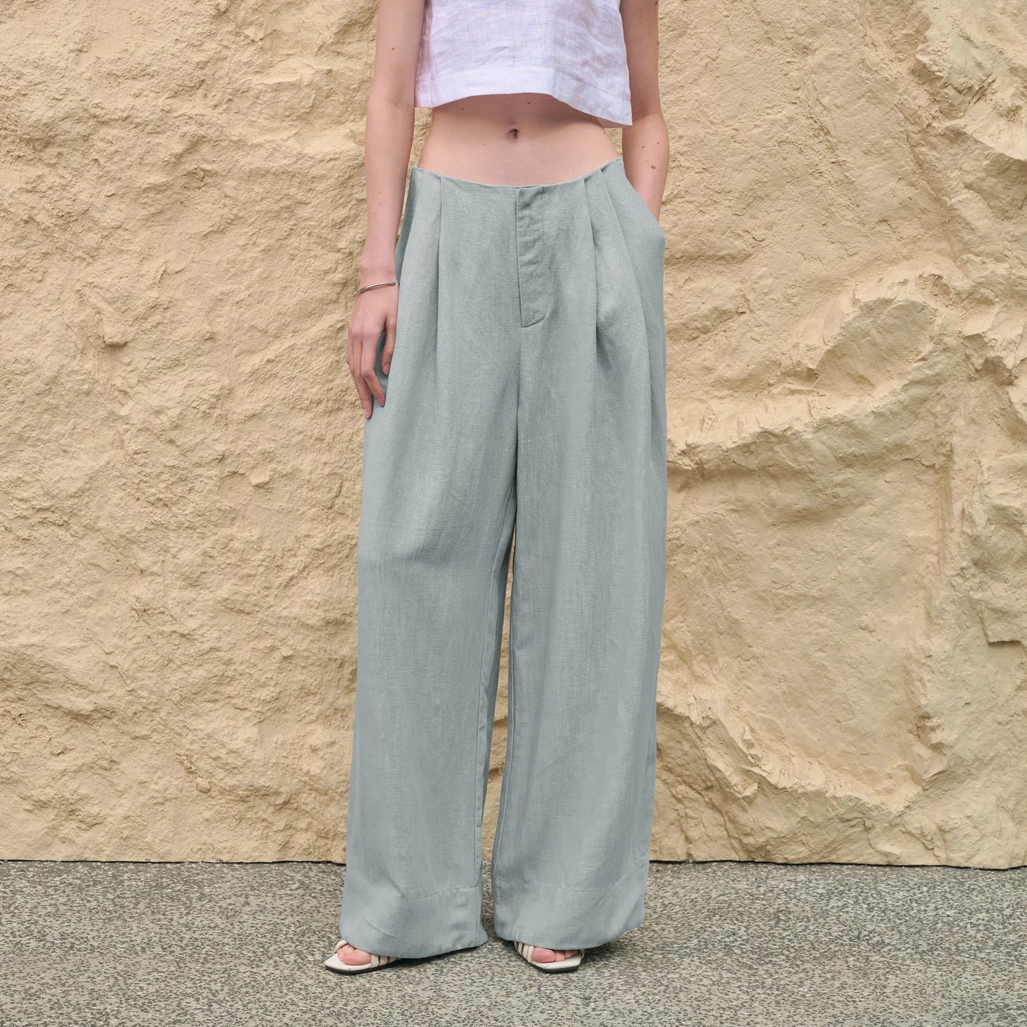 Pantalones Mujer de Lino Pierna Ancha Cintura Alta Elástica