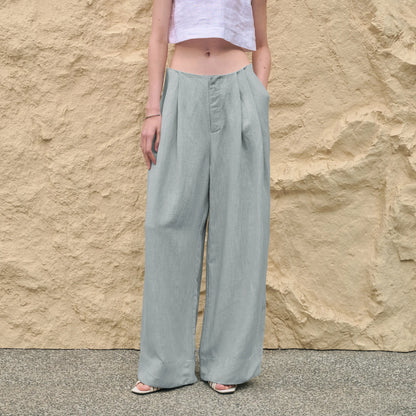 Pantalones Mujer de Lino Pierna Ancha Cintura Alta Elástica