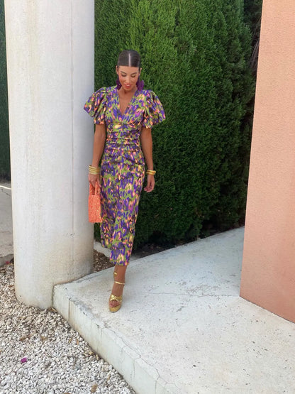 Vestido mujer escote en V mangas abullonadas estilo femenino