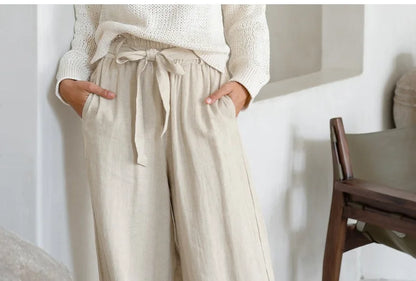 Pantalones Mujer de Lino Pierna Ancha Cintura Elástica Lazo