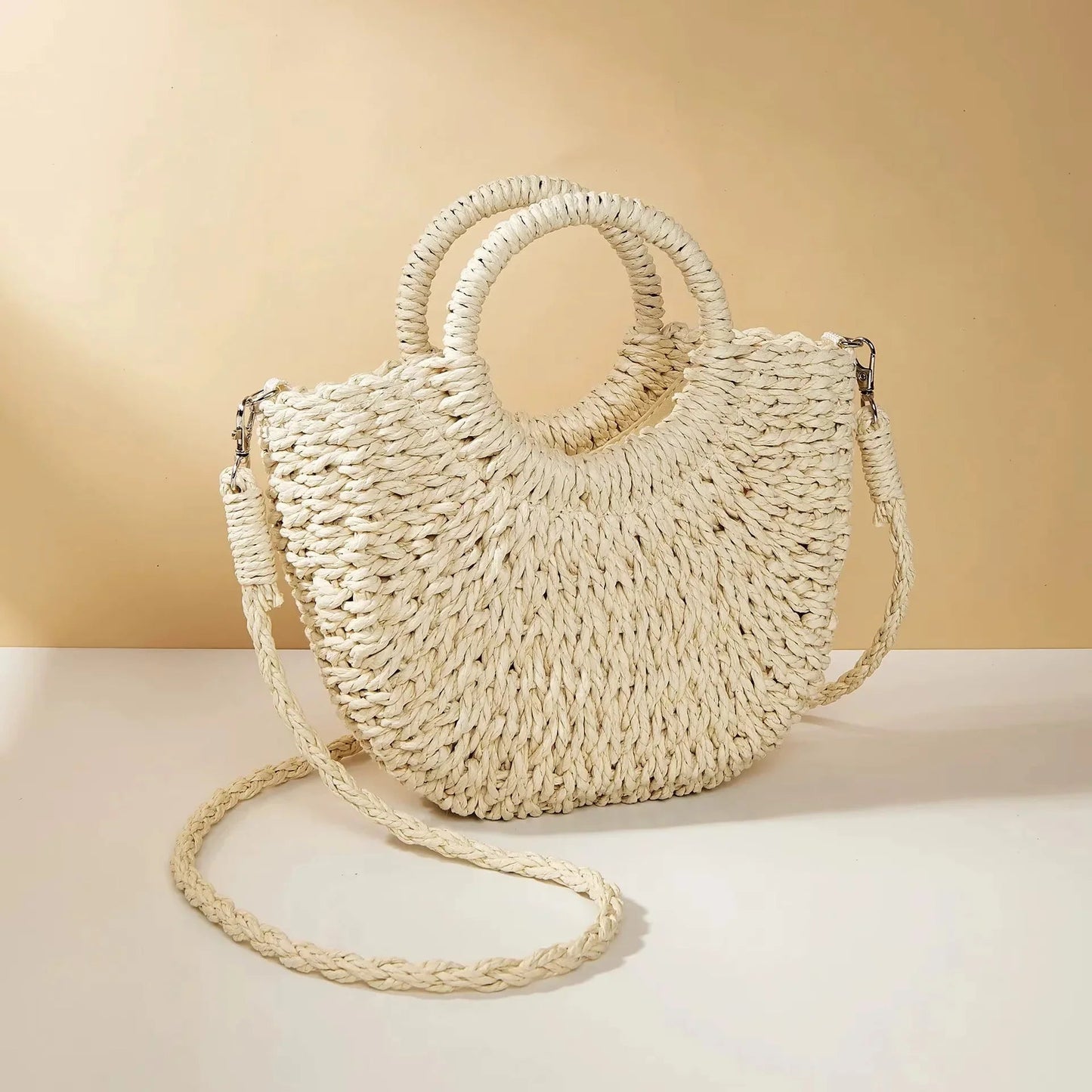 Bolso Mujer Tejido Asa Redonda Estilo Vintage Natural