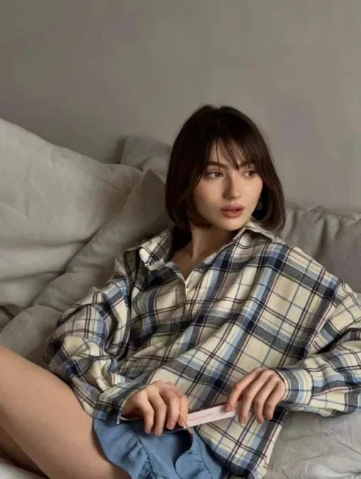 Camisa mujer de franela cuadros manga larga botones bolsillos
