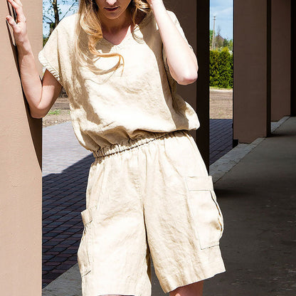 Pantalones Cortos Mujer de Lino Estilo Cargo Cintura Alta Elástica