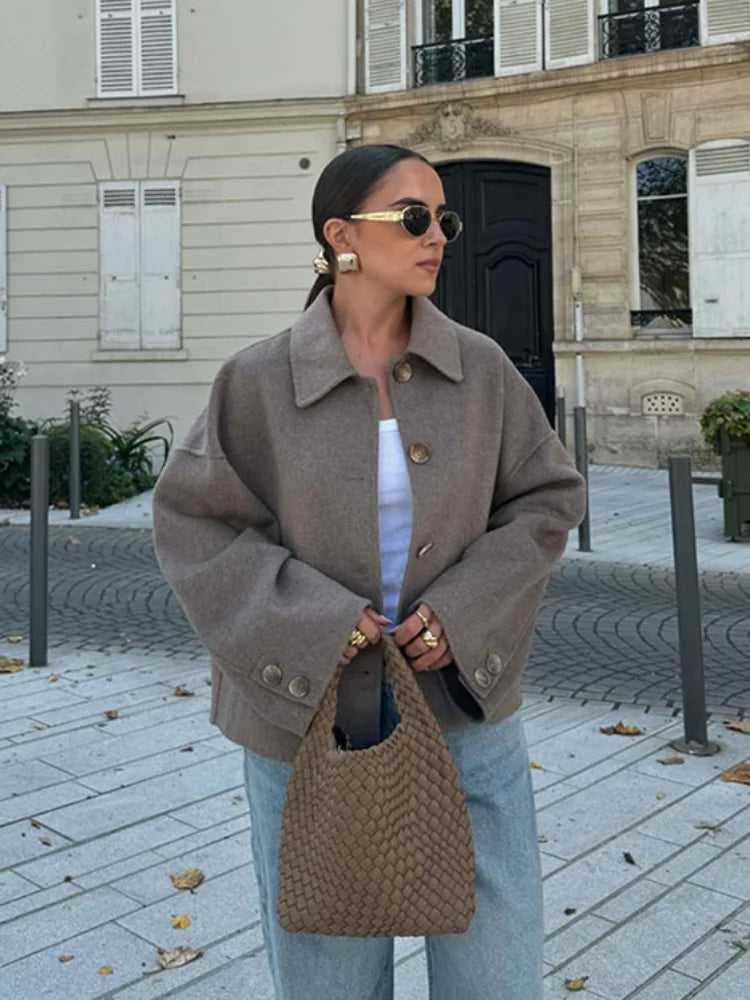 Chaqueta Corta Mujer Mezcla de Lana Cuello Solapa Mangas Oversize