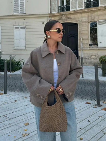 Chaqueta Corta Mujer Mezcla de Lana Cuello Solapa Mangas Oversize