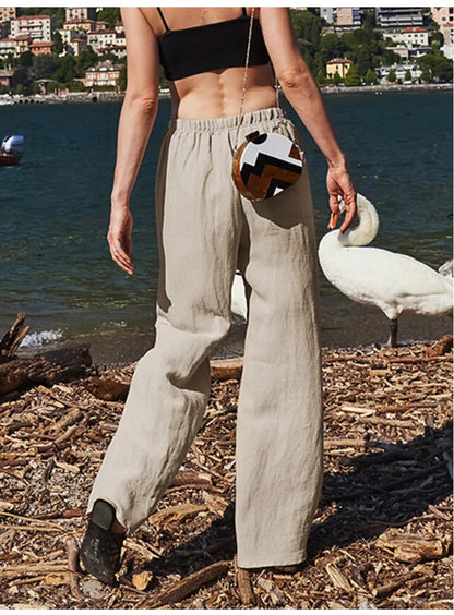 Pantalones Playa Mujer Mezcla de Lino y Algodón Pierna Ancha