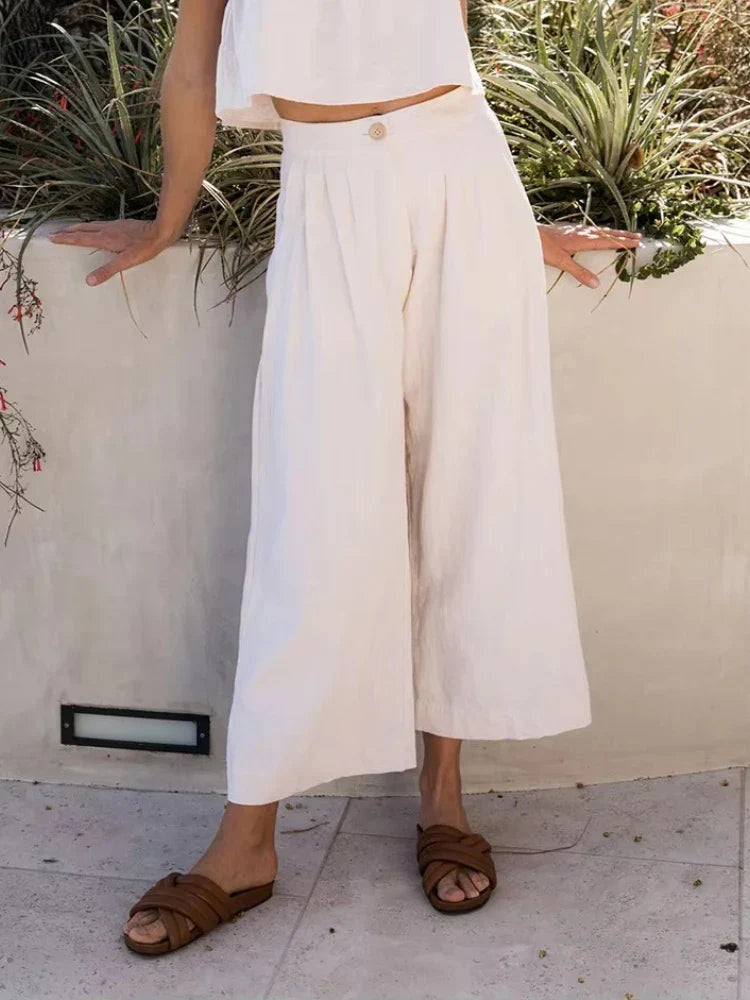 Culottes Mujer de Lino Talle Alto y Pliegues Frontales