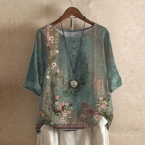 Blusa Mujer Estampada Cuello Redondo Botones Ajuste Retro - Mavetta