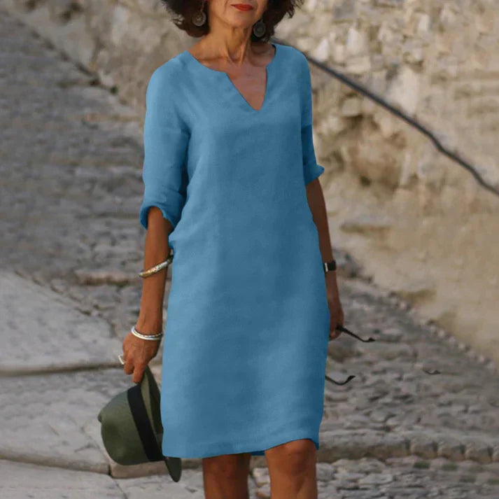 Vestido midi mujer con escote en V y manga larga elegante