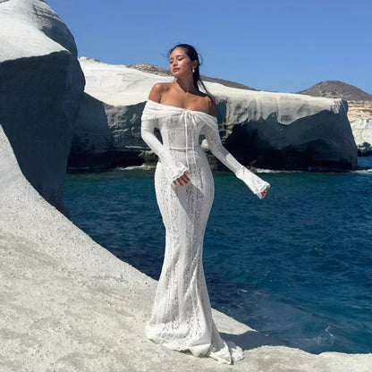 Vestido maxi mujer con hombros descubiertos y mangas largas