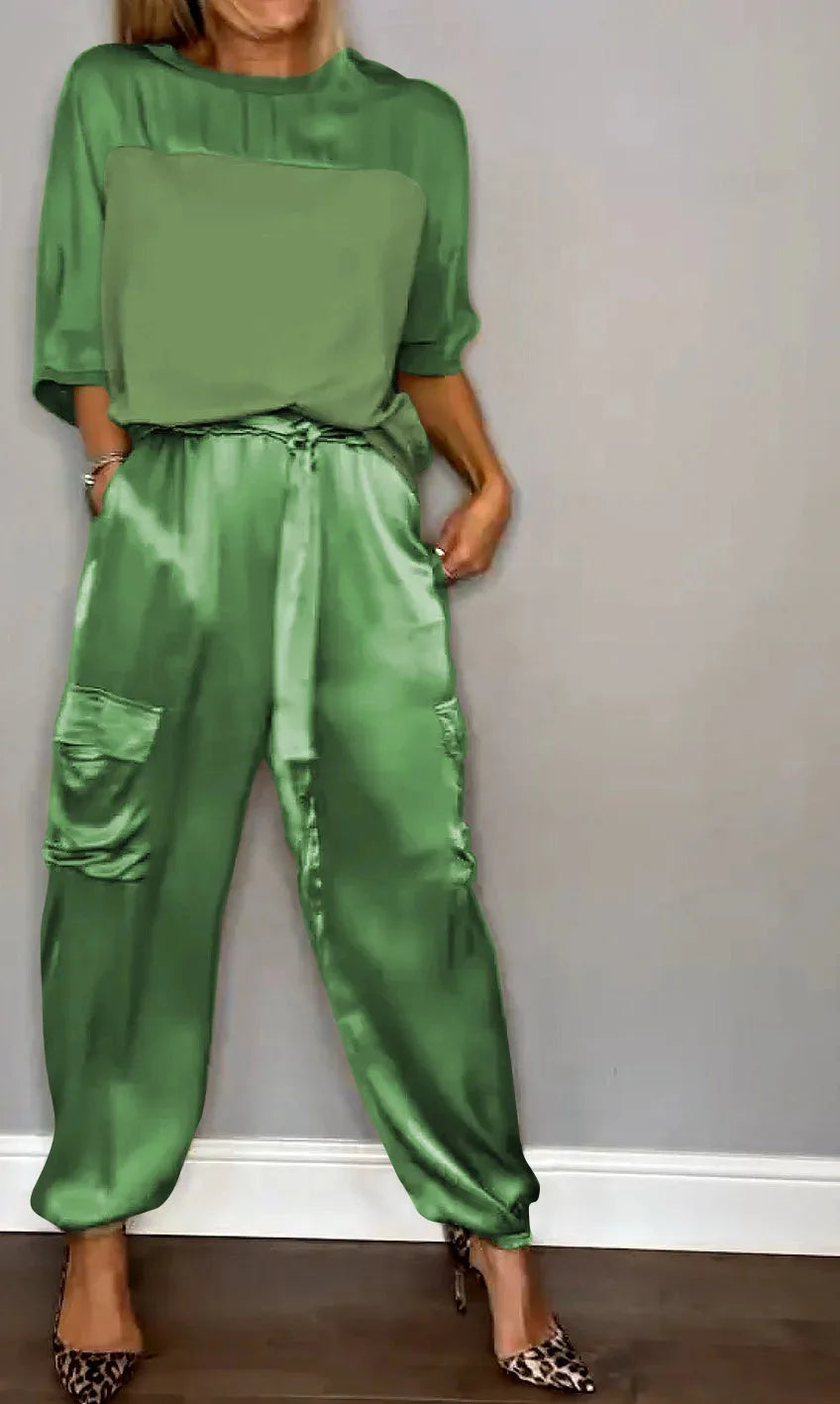 Conjunto Mujer Satén Suelto y Pantalón Cargo