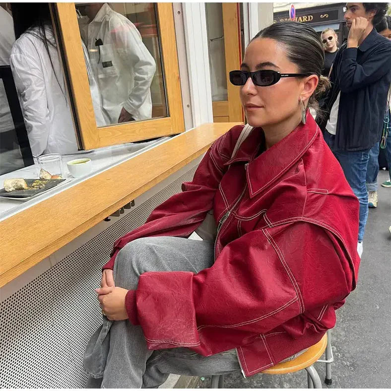 Chaqueta bomber mujer de cuero oversize con costuras decorativas