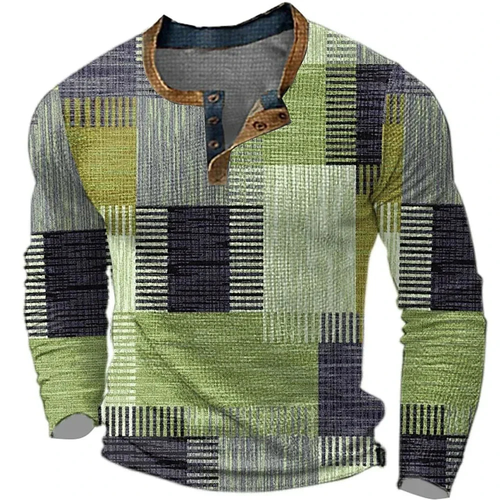 Camiseta hombre manga larga cuello henley patchwork casual
