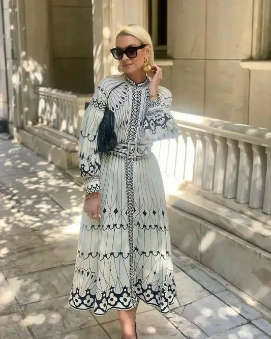 Vestido midi mujer de tela floral mangas largas corte en A - Mavetta