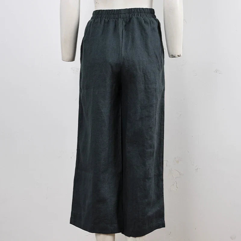 Pantalones Mujer de Lino Pierna Ancha Cintura Elástica Corte Tobillo
