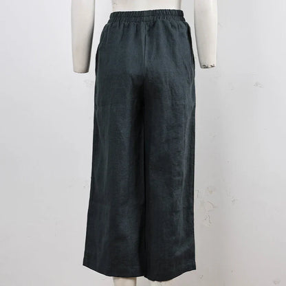 Pantalones Mujer de Lino Pierna Ancha Cintura Elástica Corte Tobillo