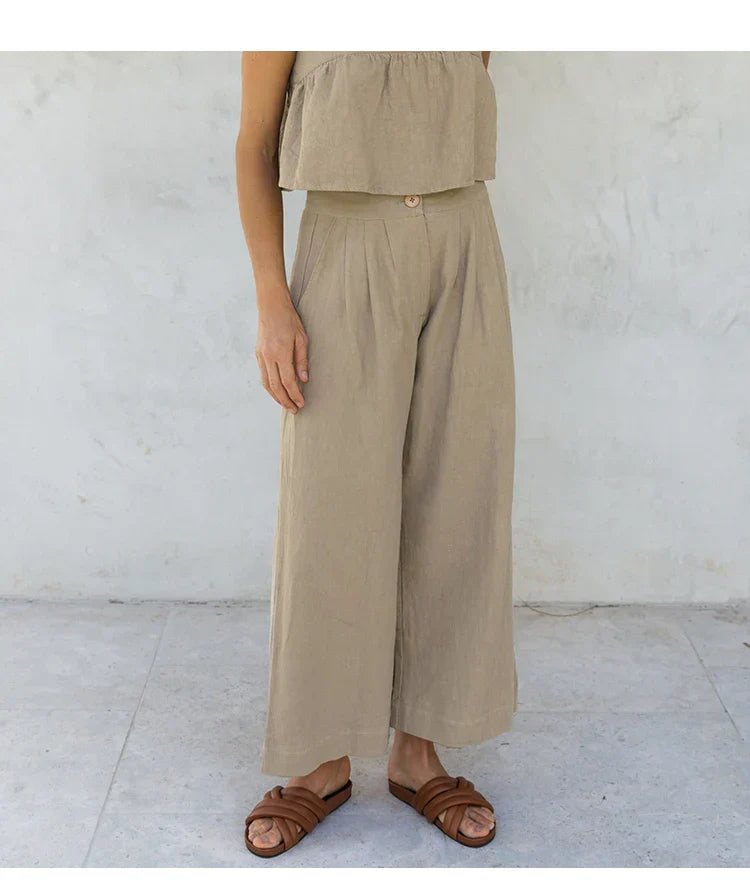 Culottes Mujer de Lino Talle Alto y Pliegues Frontales