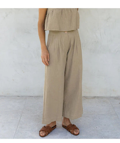Culottes Mujer de Lino Talle Alto y Pliegues Frontales