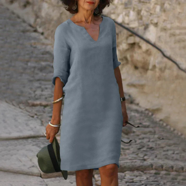 Vestido midi mujer con escote en V y manga larga elegante