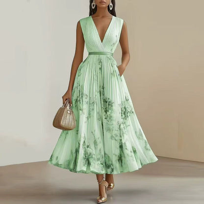 Vestido Largo Mujer Plisado Floral Escote en V