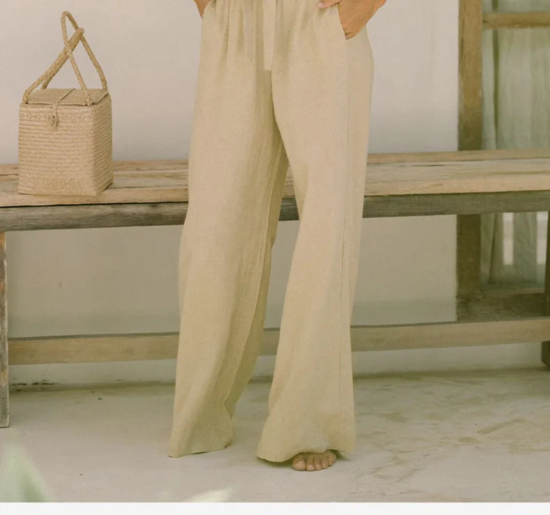 Pantalones Mujer de Lino Pierna Ancha Cintura Elástica Lazo
